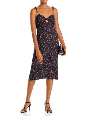 Aqua Black Floral Tie-Shoulder Midi Dress with Pink & Blue Accents